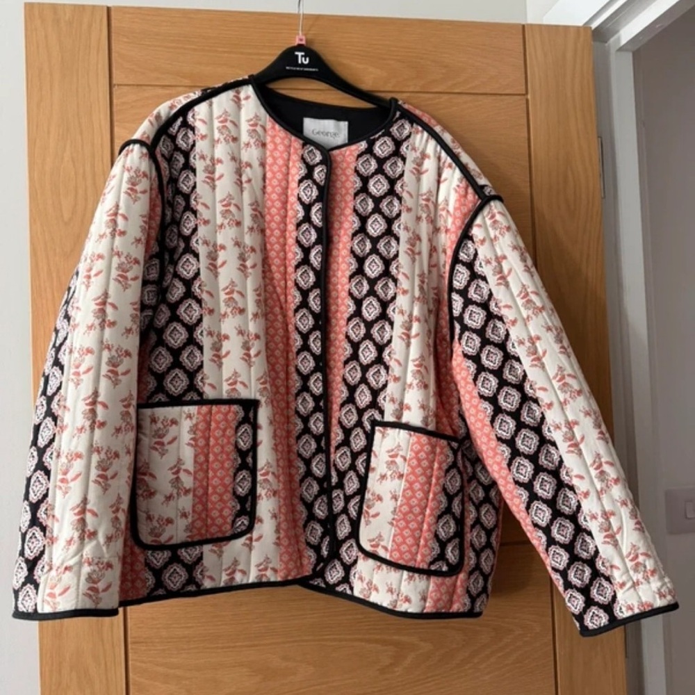 George Floral and Geometric Bomber Jacket - Pink, Black, and Cream